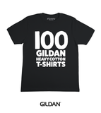 100x Black Gildan Heavy Cotton Screen Printed T-Shirts (White Prints)