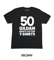 50x Black Gildan Heavy Cotton Screen Printed T-Shirts (White Prints)